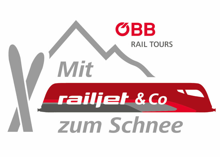 Ski with mountain range and a train ÖBB Combi Ticket